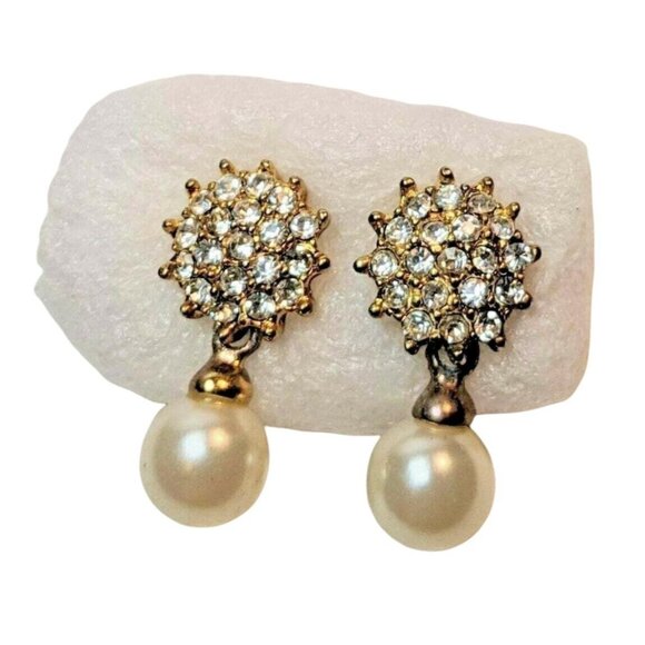 Vintage Gold-Tone Crystal Cluster & Faux Pearl Drop Earrings A353 - Picture 4 of 5